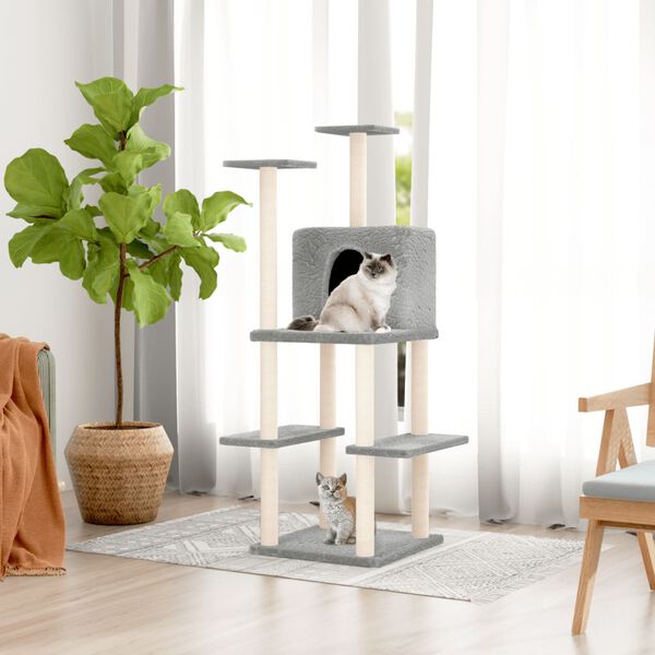 vidaXL Cat Tree with Sisal Scratching Posts Light Grey 144.5 cm