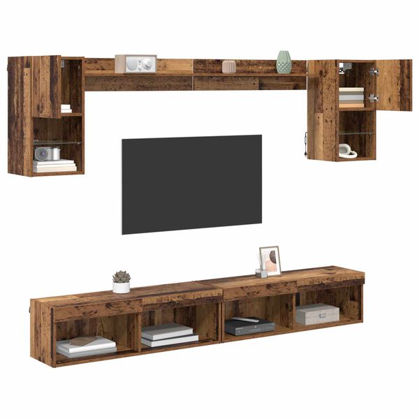 vidaXL TV Wall Units with LED with LED 6 pcs Old Wood Engineered Wood