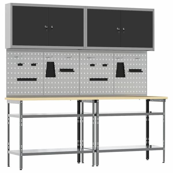 vidaXL Work Bench Set with Shelf with Storage 8 pcs Grey Steel