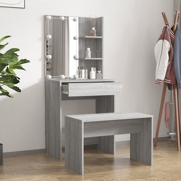 vidaXL Dressing Table Set with LED Grey Sonoma Engineered Wood