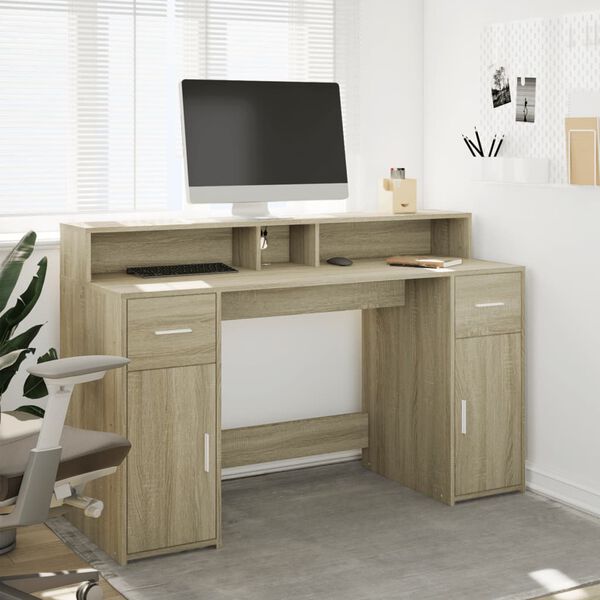 vidaXL Desk with LED Lights Sonoma Oak 140x55x91 cm Engineered Wood
