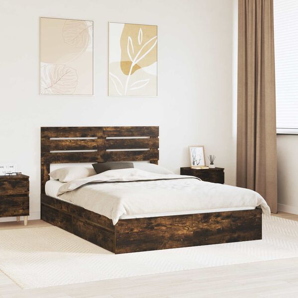 vidaXL Storage Bed with Drawer Smoked Oak 160 x 200 cm Engineered Wood