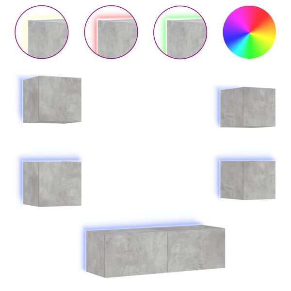 vidaXL 5 Piece TV Wall Cabinets with LED Lights Concrete Grey