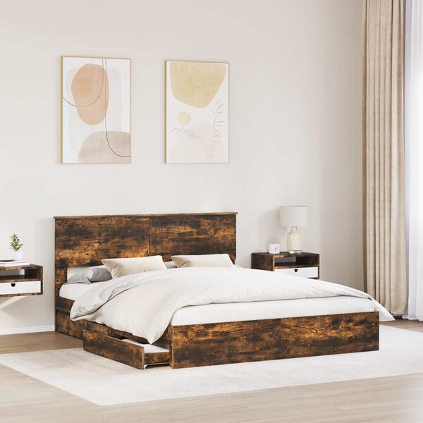 vidaXL Storage Bed with Drawer Smoked Oak 160 x 200 cm Engineered Wood