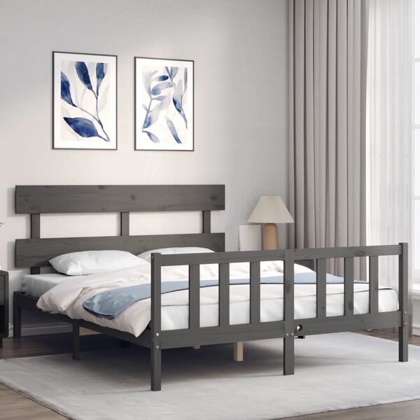 vidaXL Bed Frame without Mattress Grey King Size Solid Wood Pine