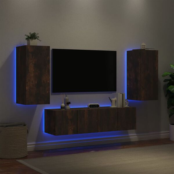 vidaXL 4 Piece TV Wall Units with LED Smoked Oak Engineered Wood