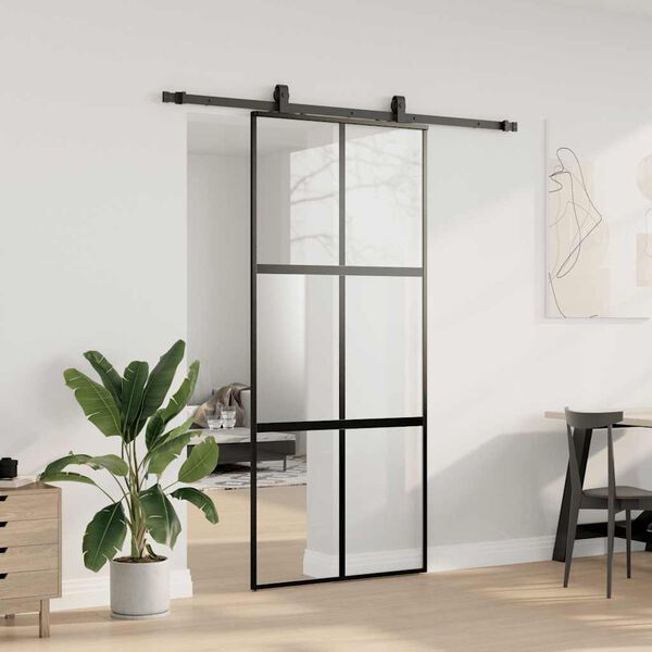 vidaXL Sliding Door with Hardware Set Black 90x205 cm Tempered Glass