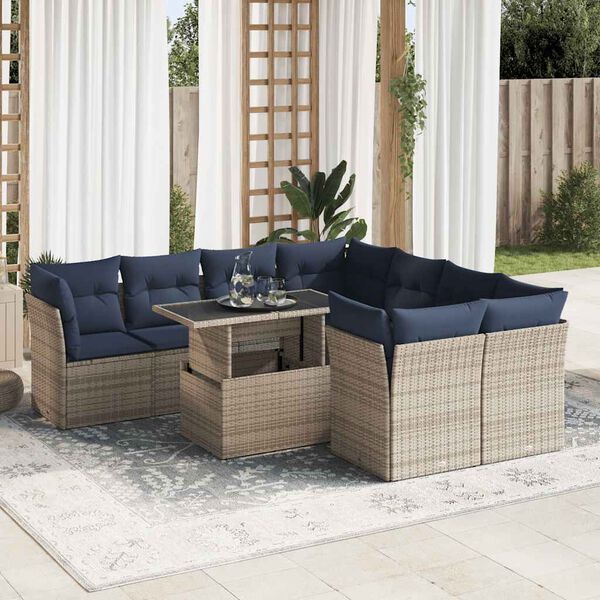 vidaXL 9 Piece Garden Sofa Set with Cushions Grey Poly Rattan Acacia