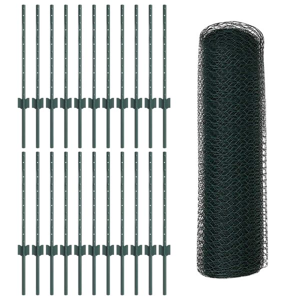 vidaXL Fence with Post Green 0.5 x 50 m Steel and PVC