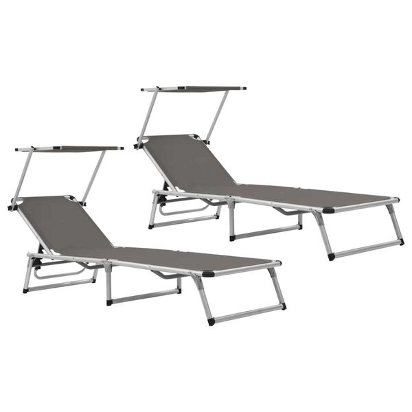 vidaXL Folding Sun Loungers with Roof 2 pcs Aluminium&Textilene Grey