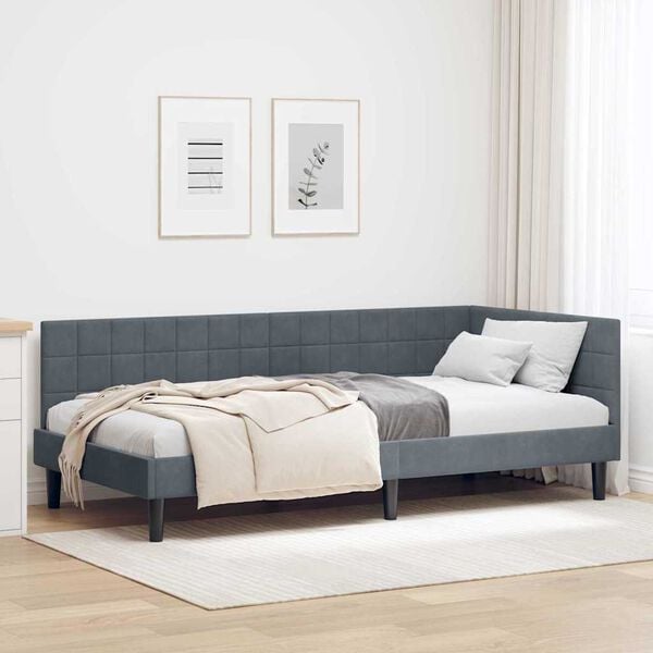vidaXL Corner Bed Frame Dark Grey 100 cm x 200 cm Velvet