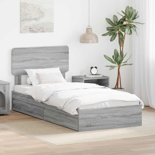 vidaXL Storage Bed with Drawer Grey Sonoma 90 x 190 cm Engineered Wood
