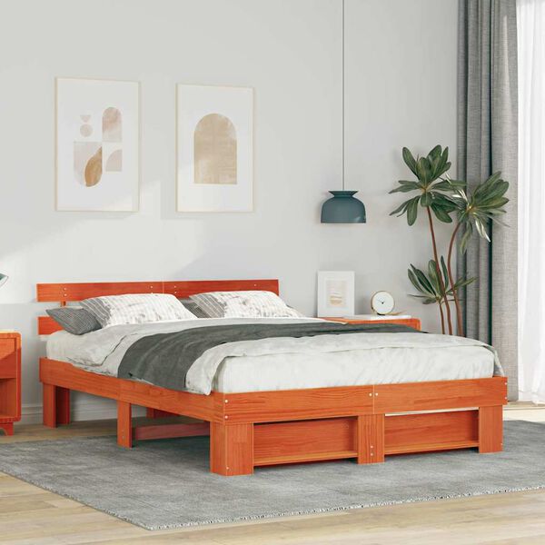 vidaXL Bed Frame with Headboard Wax Brown 150 x 200 cm Solid Pine Wood