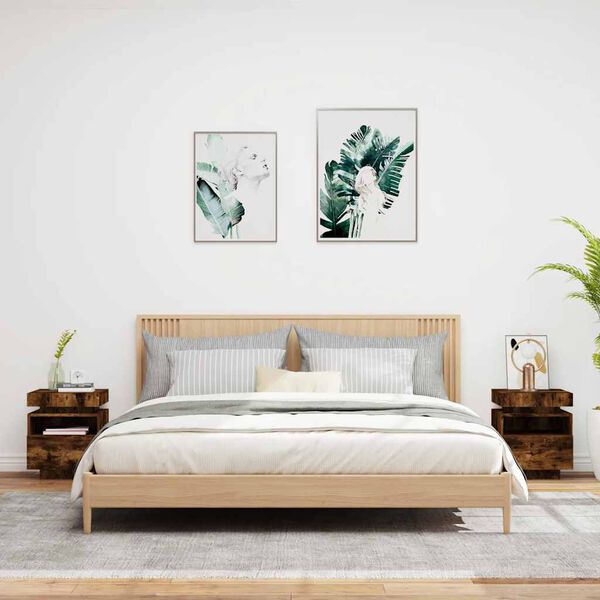 vidaXL Bedside Cabinets with LED Lights 2 pcs Smoked Oak 40x39x48.5 cm