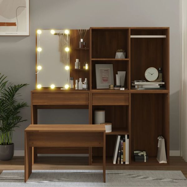 vidaXL Dressing Table Set with LED Brown Oak Engineered Wood