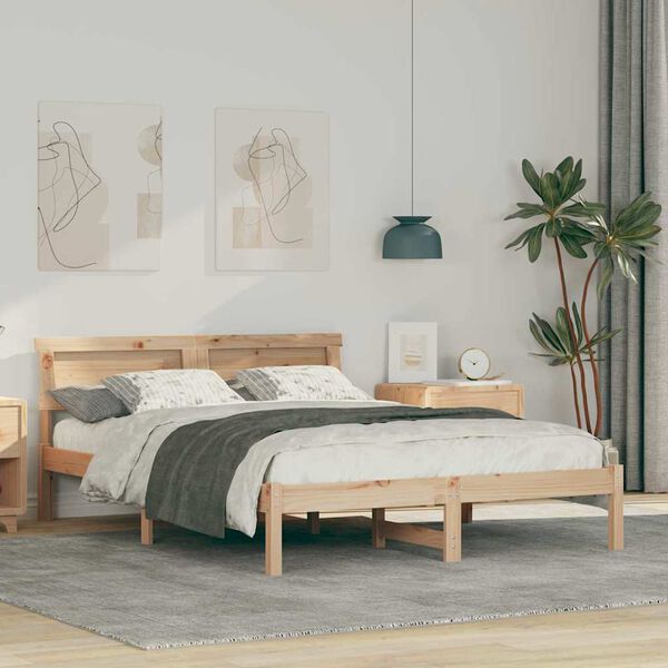 vidaXL Bed Frame with Headboard Brown 120 x 190 cm Solid Pine Wood