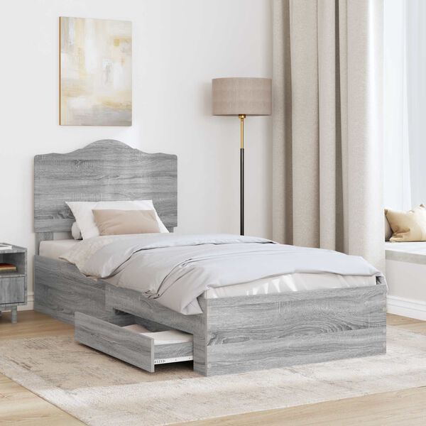 vidaXL Bed Frame with Drawer Grey Sonoma 100 x 200 cm Engineered Wood