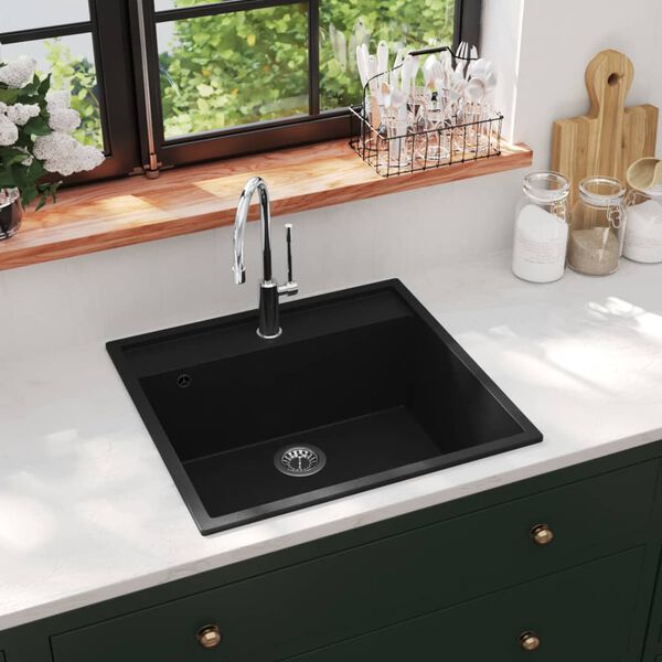 vidaXL Kitchen Sink with Overflow Hole Black Granite