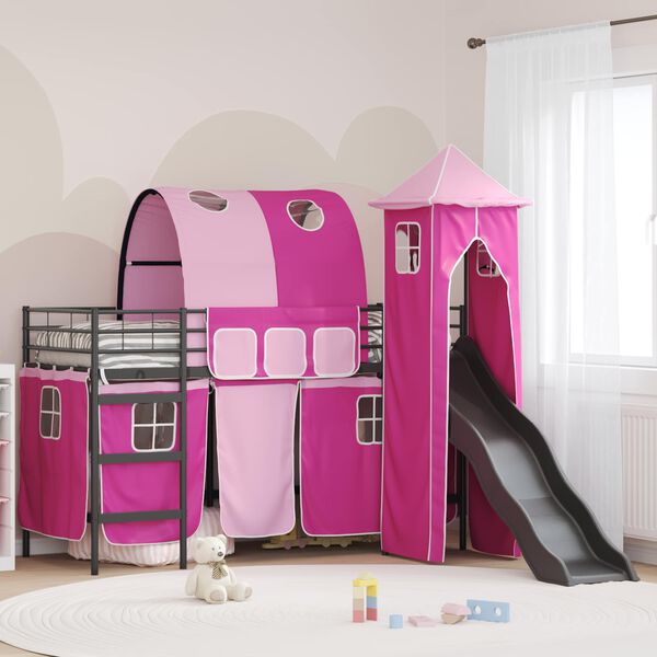 vidaXL Kids'Loft Bed Frame with Curtains, Arch, Slide, Tower