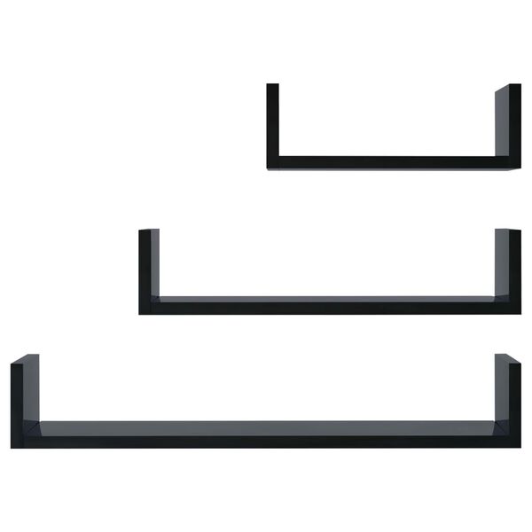 vidaXL Wall Display Shelf 3 pcs High Gloss Black Engineered Wood