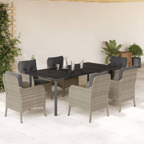 vidaXL 7 Piece Garden Dining Set with Cushions Light Grey Poly Rattan