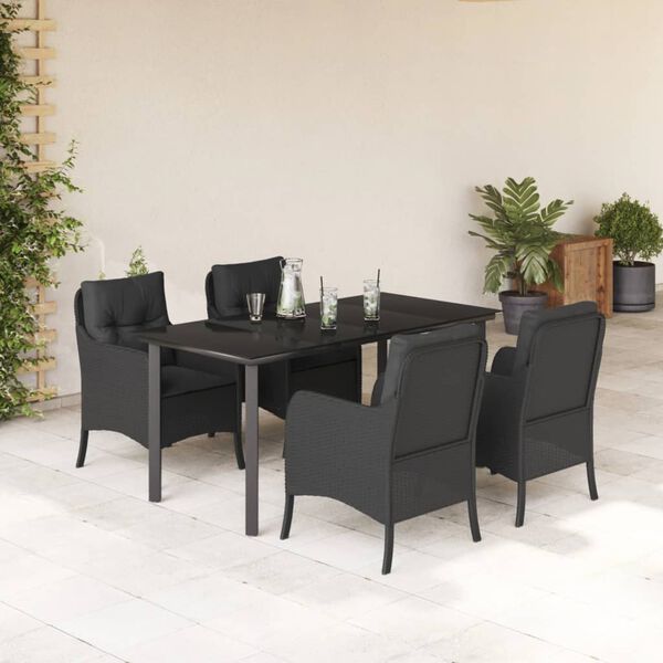 vidaXL 5 Piece Garden Dining Set with Cushions Black Poly Rattan