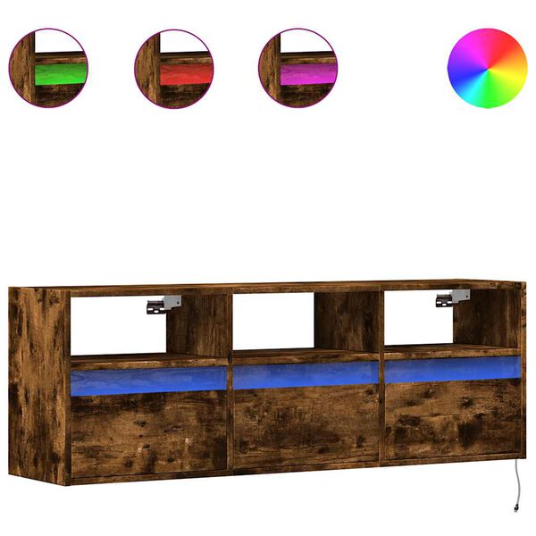 vidaXL TV Wall Cabinet with LED Lights Smoked Oak 130x31x45 cm