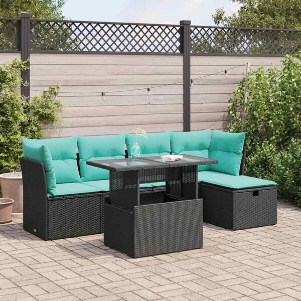vidaXL 6 Piece Garden Sofa Set with Cushions Black Poly Rattan Acacia