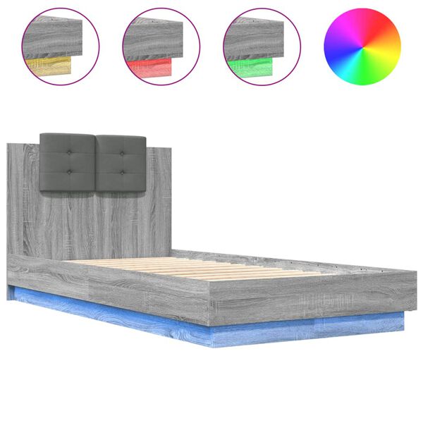 vidaXL Bed Frame with LED without Mattress Grey Sonoma 75x190 cm Small Single