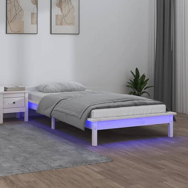 vidaXL LED Bed Frame without Mattress White 75x190 cm Small Single Solid Wood