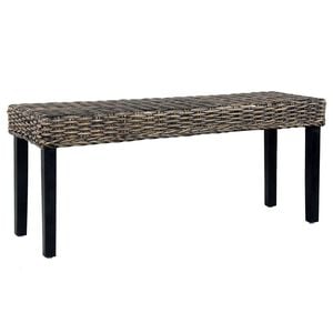 vidaXL Bench | Black, Natural Rattan | Natural Kubu Rattan, Solid Mango Wood