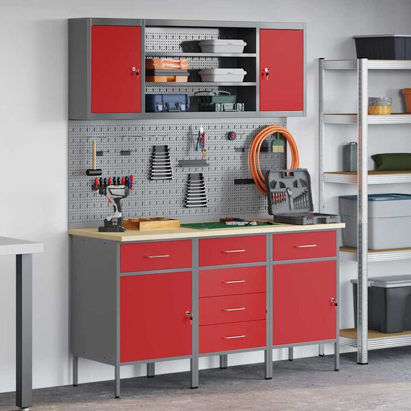 vidaXL Work Cabinet with Drawer 7 pcs Red Engineered Wood and Steel