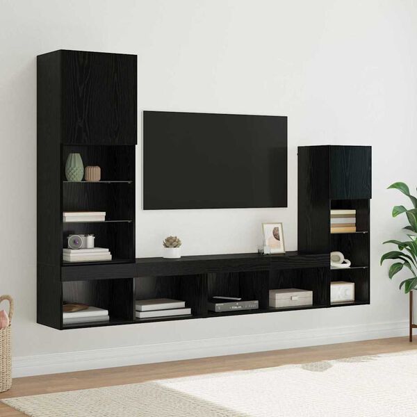 vidaXL TV Wall Units Wall-mounted 4 pcs Black Oak Engineered Wood