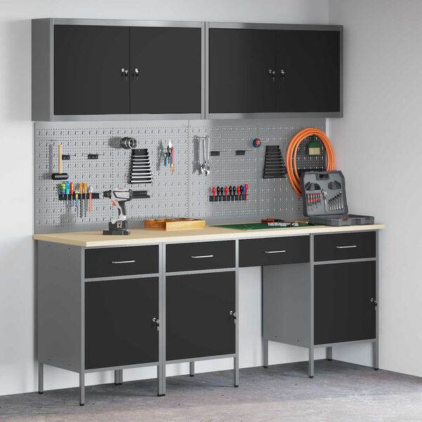 vidaXL Work Bench with Drawer 10 pcs Black 200 x 55 x 200 cm Steel