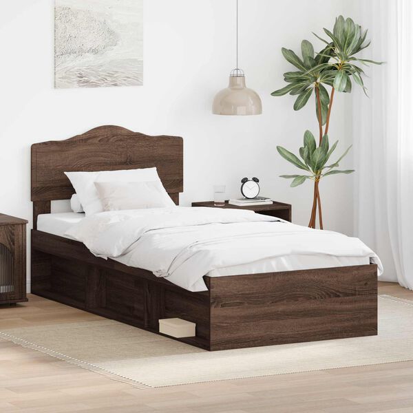 vidaXL Bed Frame with Headboard Brown Oak 90 x 190 cm Solid Pine Wood