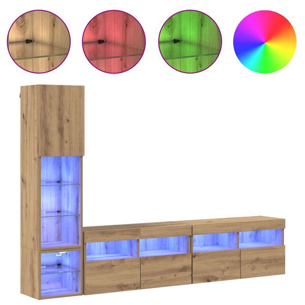 vidaXL TV Wall Unit with LED 4 pcs Artisan Oak Engineered Wood