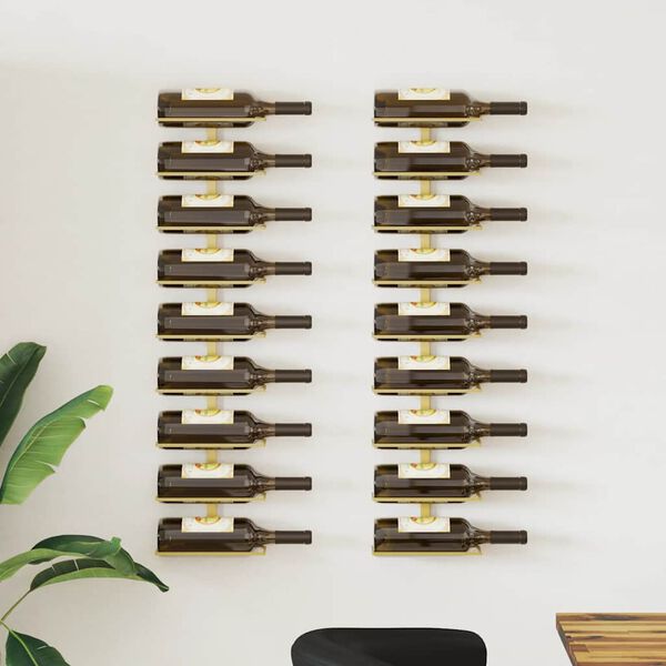vidaXL Wall-mounted Wine Rack for 9 Bottles 2 pcs Gold Iron
