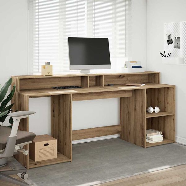 vidaXL Desk with LED Lights Artisian Oak 200x55x91 cm Engineered Wood