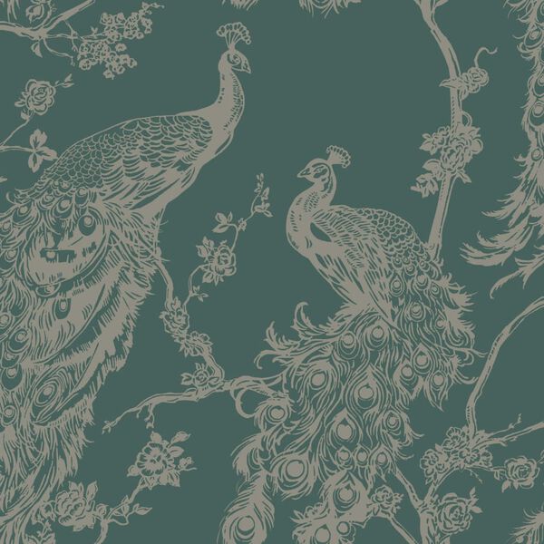 DUTCH WALLCOVERINGS Wallpaper Peacock Green and Silver