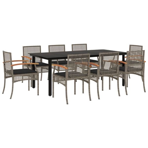 vidaXL 9 Piece Garden Dining Set with Cushions Grey Poly Rattan