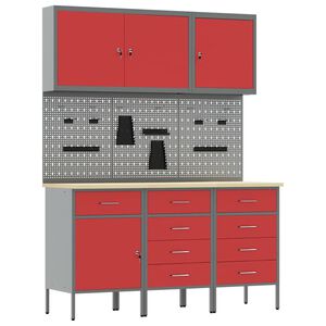 vidaXL Work Cabinet 8 pcs Red and Grey Engineered Wood and Steel