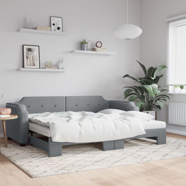 vidaXL Daybed with Trundle and Mattresses Light Grey 90x190 cm Fabric