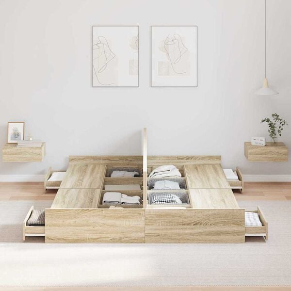vidaXL Storage Bed Frame Sonoma Oak 140 x 190 cm Engineered Wood