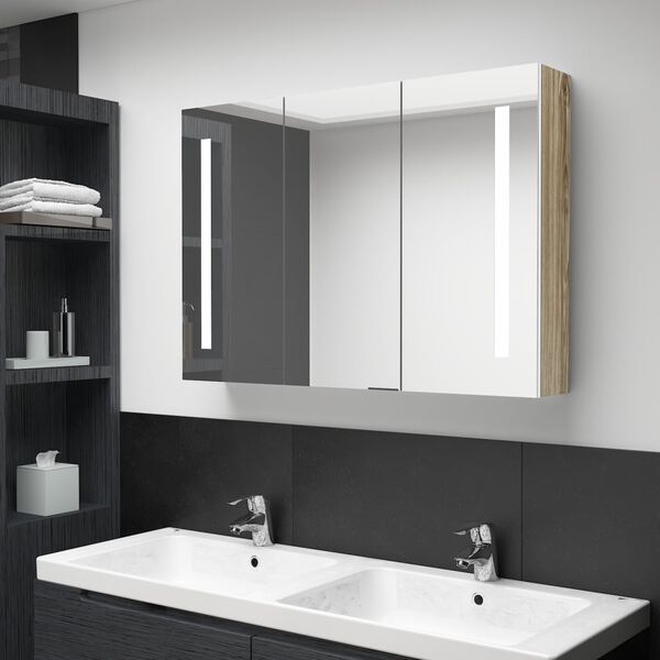 vidaXL LED Bathroom Mirror Cabinet 89x14x62 cm White and Oak
