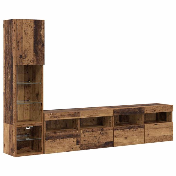 vidaXL TV Wall Unit with LED 4 pcs Old Wood Engineered Wood