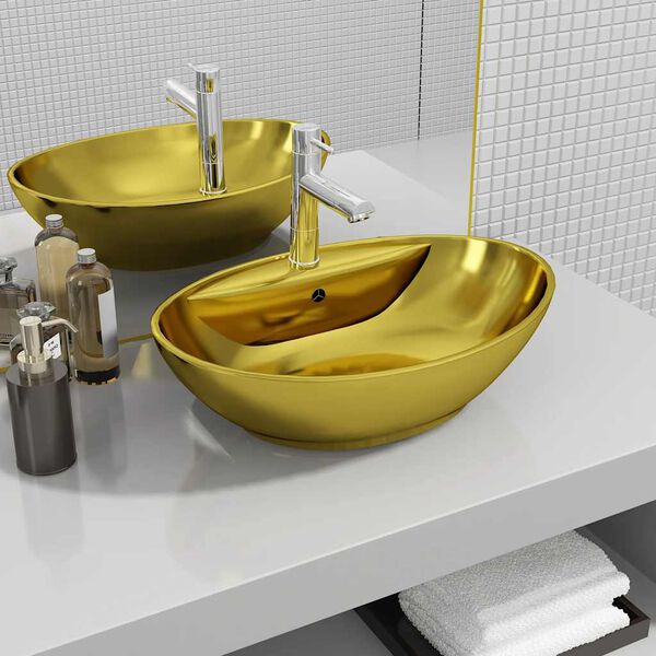 vidaXL Wash Basin with Overflow 58.5x39x21 cm Ceramic Gold