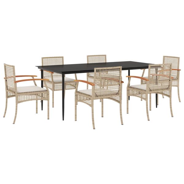 vidaXL 7 Piece Garden Dining Set with Cushions Beige Poly Rattan