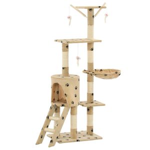 vidaXL Cat Tree | Beige with paw prints | Particle board, Sisal rope, Soft plush