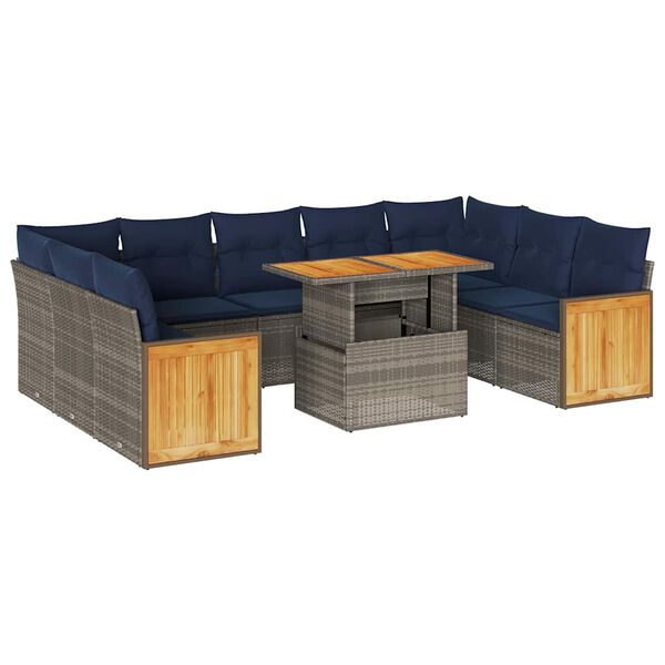vidaXL 10 Piece Garden Sofa Set with Cushions Grey Poly Rattan Acacia