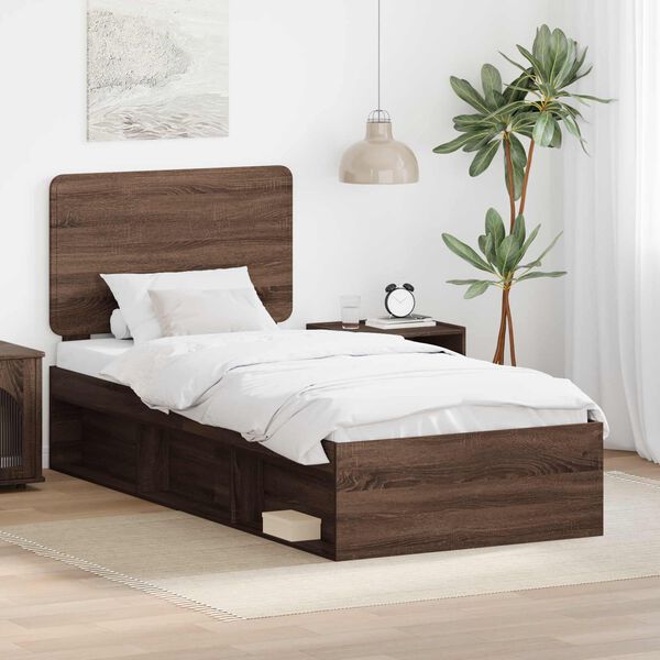 vidaXL Bed Frame with Headboard Brown Oak 100 x 200 cm Solid Pine Wood